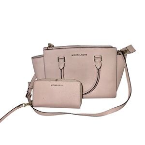 Michael Kors Selma Medium Top Zip Satchel Leather Crossbody and Wallet Set